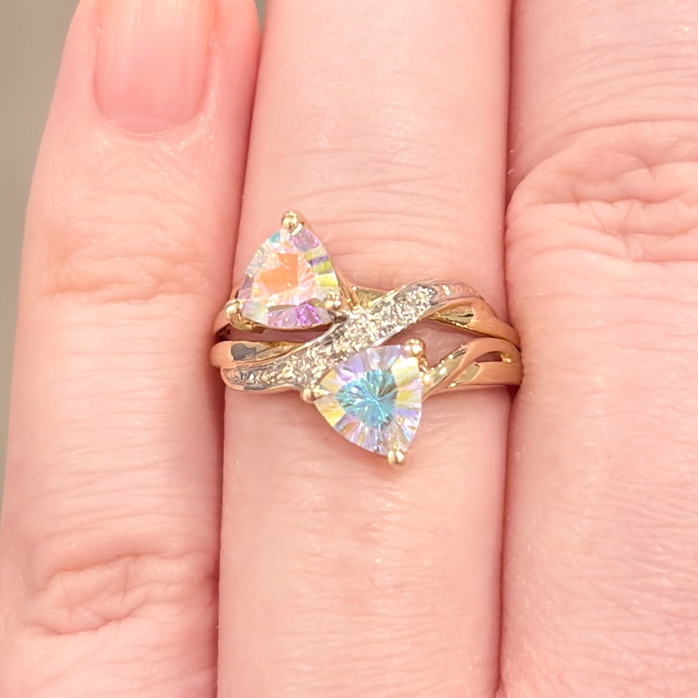 14K Titanium Quartz Diamond Ring Double Trillion Cut Aurora Iridescent 6.25 - Picture 6 of 15
